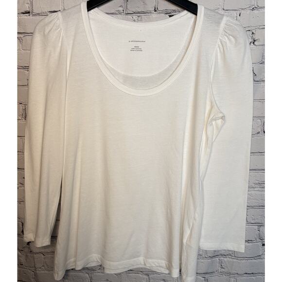 Anthropologie White White Scoop Neck Gathered Sleeve Tee~Sz Medium, EUC - Picture 2 of 10